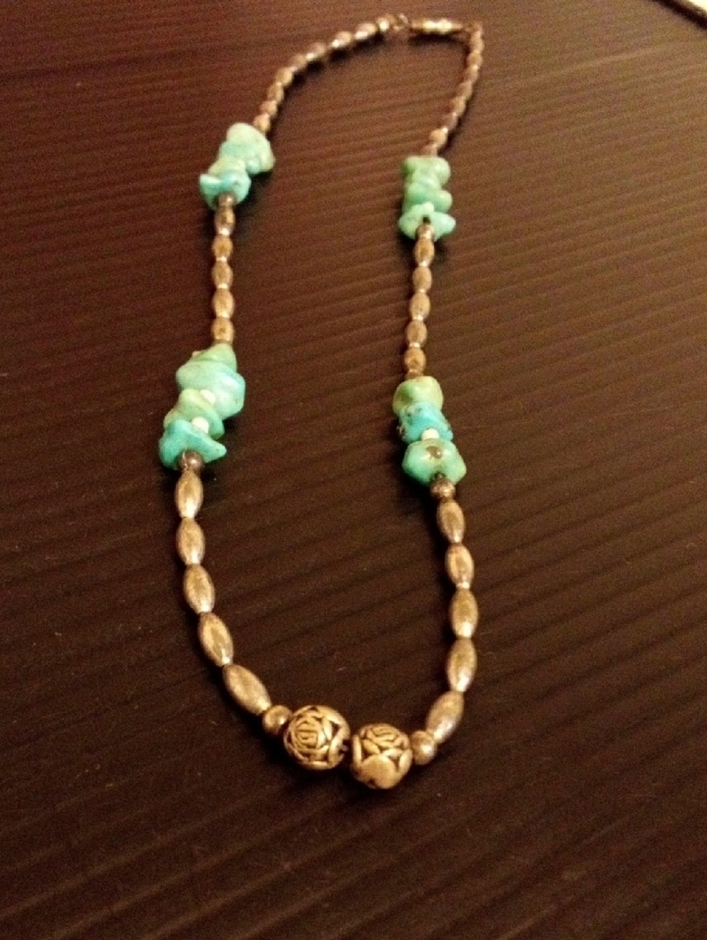 Turquoise Chip & Antiqued Silver Bead Necklace - Women Jewelry - Picture 4 of 5